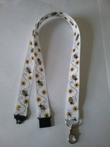 Bumble bee with sunflower on white ribbon  safety breakaway lanyard id badge or whistle holder