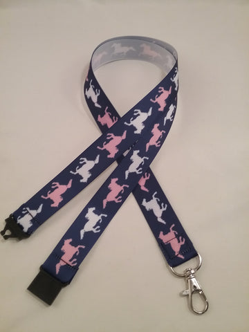 Navy ribbon with pink & white horses lanyard made with a safety quick release breakaway id or whistle holder with swivel lobster clasp