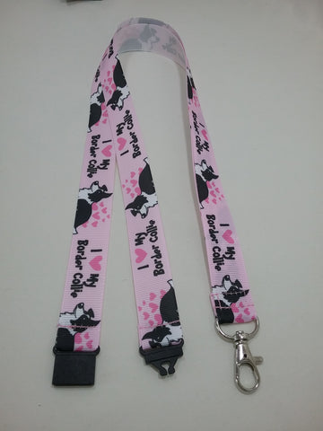 Pink I Love Border Collies sheepdog puppies patterned ribbon Lanyard it has a safety breakaway fastener with swivel lobster clasp lanyard id or whistle holder