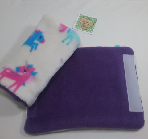 Seat belt cover luggage strap handle wrap creamy white unicorn fleece fabric purple fleece on other side