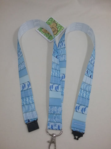 Porpoise Dolphin starfish on blue Ribbon Lanyard with safety breakaway fastener patterned id holder keyring