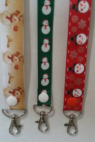 CHRISTMAS LANYARDS Jolly Snowmen in different colours ribbon safety breakaway lanyard id or whistle holder