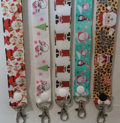 CHRISTMAS LANYARDS theres Santa or Snowmen leopard print or stuck in a chimney you choose ribbon safety breakaway lanyard id holder / whistle holder