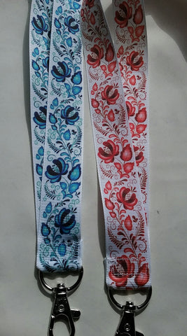 Red or blue floral design ribbon landyard with safety breakaway lanyard id or whistle holder neck strap Christmas winter theme