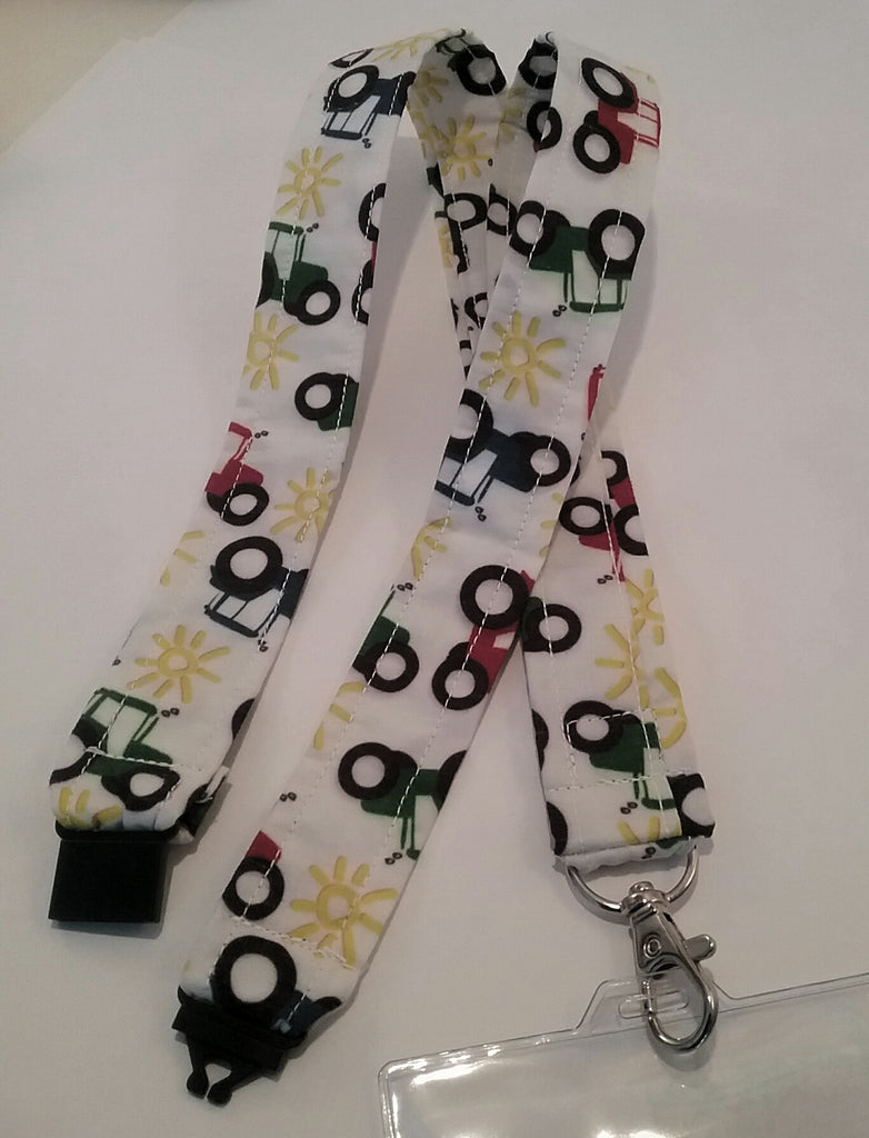 Unique red blue & green tractor fabric lanyard with safety breakaway landyard id or whistle holder neck strap teacher gift - Tilly Bees