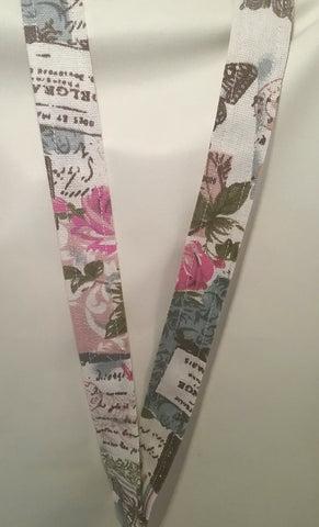 Vintage pink rose  script & butterflies on natural fabric lanyard with safety breakaway landyard id or whistle holder neck strap teacher gift