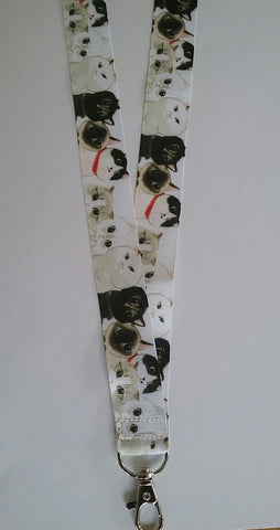 Cat ribbon patterned lanyard with safety breakaway clip landyard id or whistle holder neck strap cats heads on white ribbon pattern