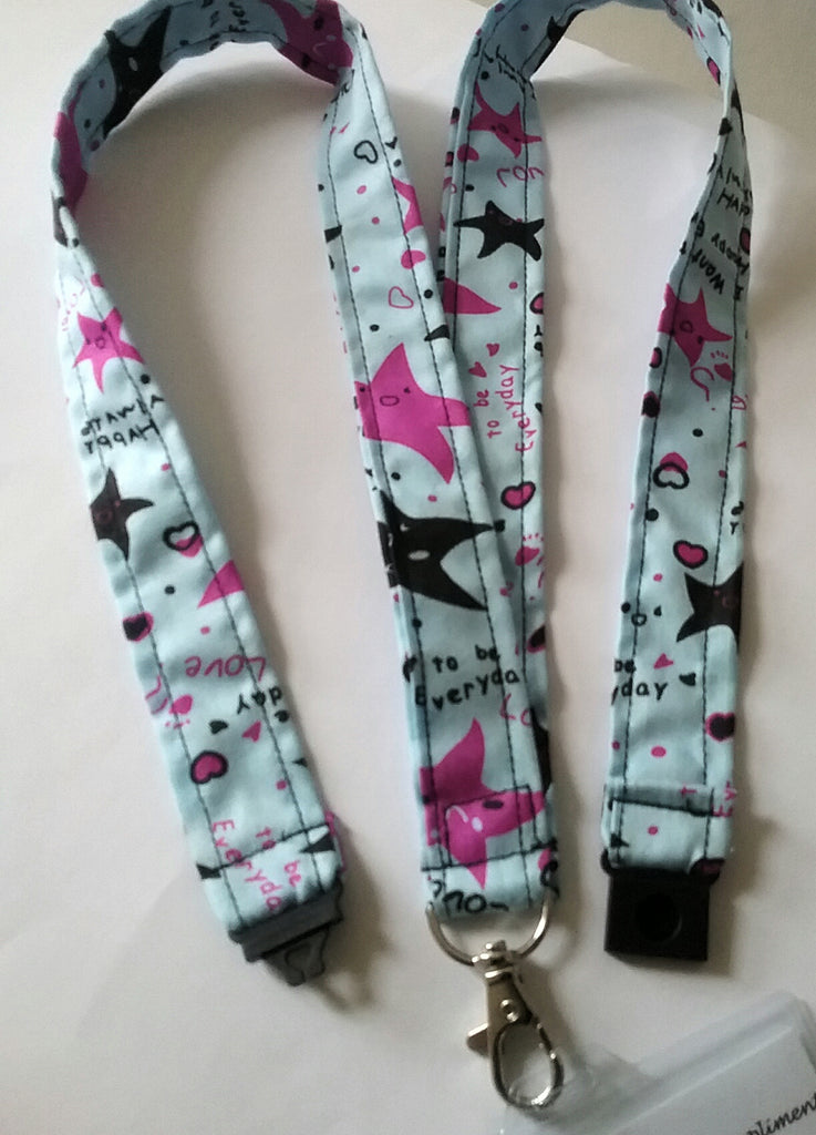 Blue starfish fabric lanyard with safety breakaway landyard id or whistle holder neck strap love happy slogans - Tilly Bees