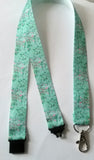Turquoisey Green patterned ribbon landyard with safety breakaway lanyard id or whistle holder neck strap - Tilly Bees