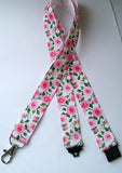 Pink Rose patterned grosgrain ribbon lanyard with safety breakaway fastener landyard id holder keyring garden flower design - Tilly Bees