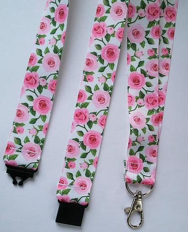 Pink Rose patterned grosgrain ribbon lanyard with safety breakaway fastener landyard id holder keyring garden flower design