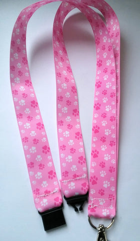 Pink paw print ribbon lanyard with safety breakaway fastener pink cat dog paw print patterned ribbon landyard id holder keyring
