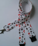White cat / dog paw print patterned ribbon landyard id holder keyring with safety breakaway clip - Tilly Bees