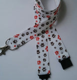White cat / dog paw print patterned ribbon landyard id holder keyring with safety breakaway clip - Tilly Bees