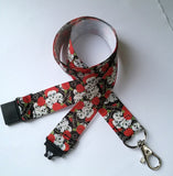 Lanyard skulls & red roses goth patterned ribbon with safety breakaway fastener landyard id holder keyring - Tilly Bees