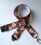 Lanyard skulls & red roses goth patterned ribbon with safety breakaway fastener landyard id holder keyring - Tilly Bees