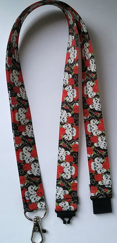 Lanyard skulls & red roses goth patterned ribbon with safety breakaway fastener landyard id holder keyring