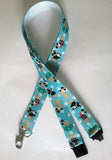 Pug Dog patterned turquoise ribbon Lanyard with safety breakaway fastener and swivel lobster clasp lanyard id or whistle holder - Tilly Bees