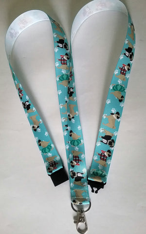 Pug Dog patterned turquoise ribbon Lanyard with safety breakaway fastener and swivel lobster clasp lanyard id or whistle holder