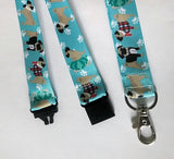 Pug Dog patterned turquoise ribbon Lanyard with safety breakaway fastener and swivel lobster clasp lanyard id or whistle holder - Tilly Bees