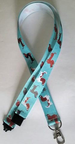 Pink or Turquoise Cartoon Dachshund Daxie Dachs Dog patterned ribbon Lanyard with safety breakaway fastener and swivel lobster clasp lanyard id or whistle holder