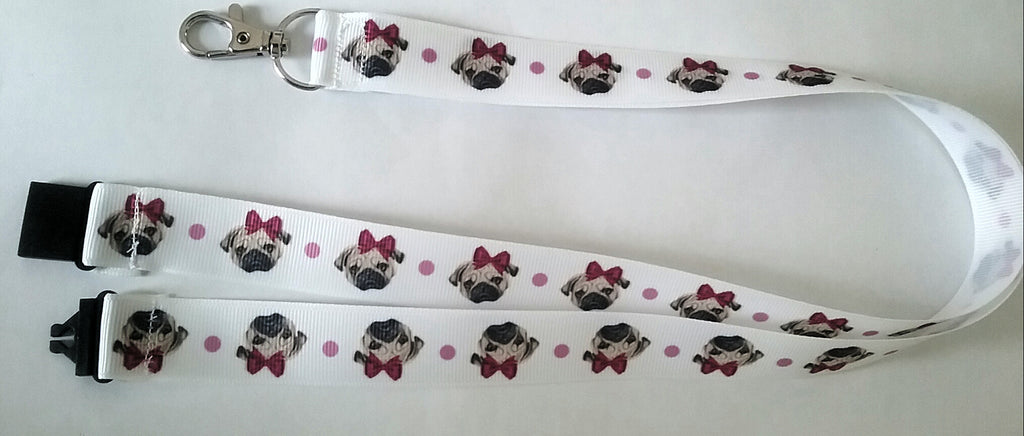 Dog patterned ribbon Lanyard Cute PUG head with pretty bow with safety breakaway fastener and swivel lobster clasp lanyard id or whistle holder - Tilly Bees