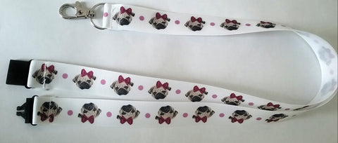 Dog patterned ribbon Lanyard Cute PUG head with pretty bow with safety breakaway fastener and swivel lobster clasp lanyard id or whistle holder