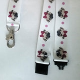 Dog patterned ribbon Lanyard Cute PUG head with pretty bow with safety breakaway fastener and swivel lobster clasp lanyard id or whistle holder - Tilly Bees