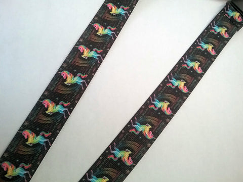 Lanyard - Rainbow coloured unicorns on black ribbon with safety breakaway and lobster clasp lanyard id or whistle holder