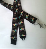 Lanyard - Rainbow coloured unicorns on black ribbon with safety breakaway and lobster clasp lanyard id or whistle holder - Tilly Bees