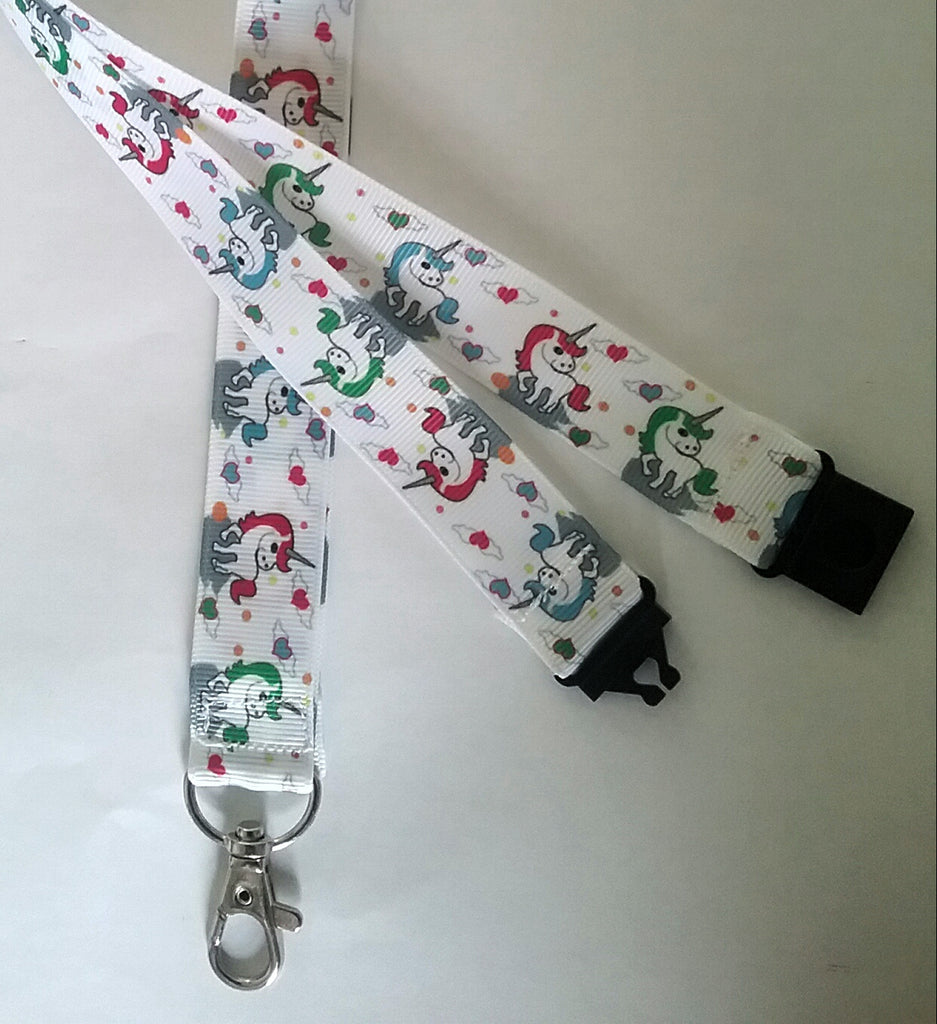 Cute Unicorn on white pattern ribbon Lanyard with safety breakaway fastener and swivel lobster clasp lanyard id or whistle holder - Tilly Bees