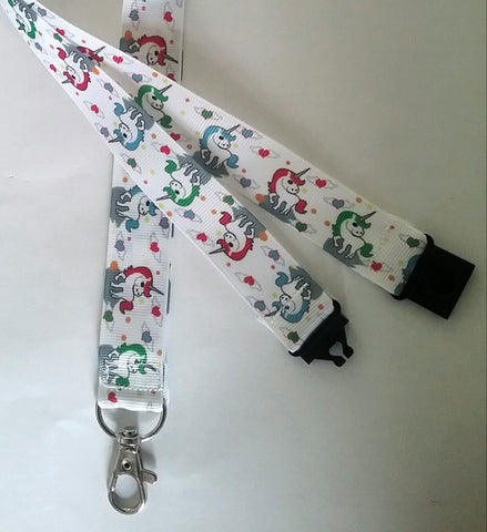 Cute Unicorn on white pattern ribbon Lanyard with safety breakaway fastener and swivel lobster clasp lanyard id or whistle holder
