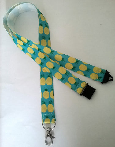 Lanyard - Pineapples on blue ribbon with safety breakaway and lobster clasp lanyard id or whistle holder