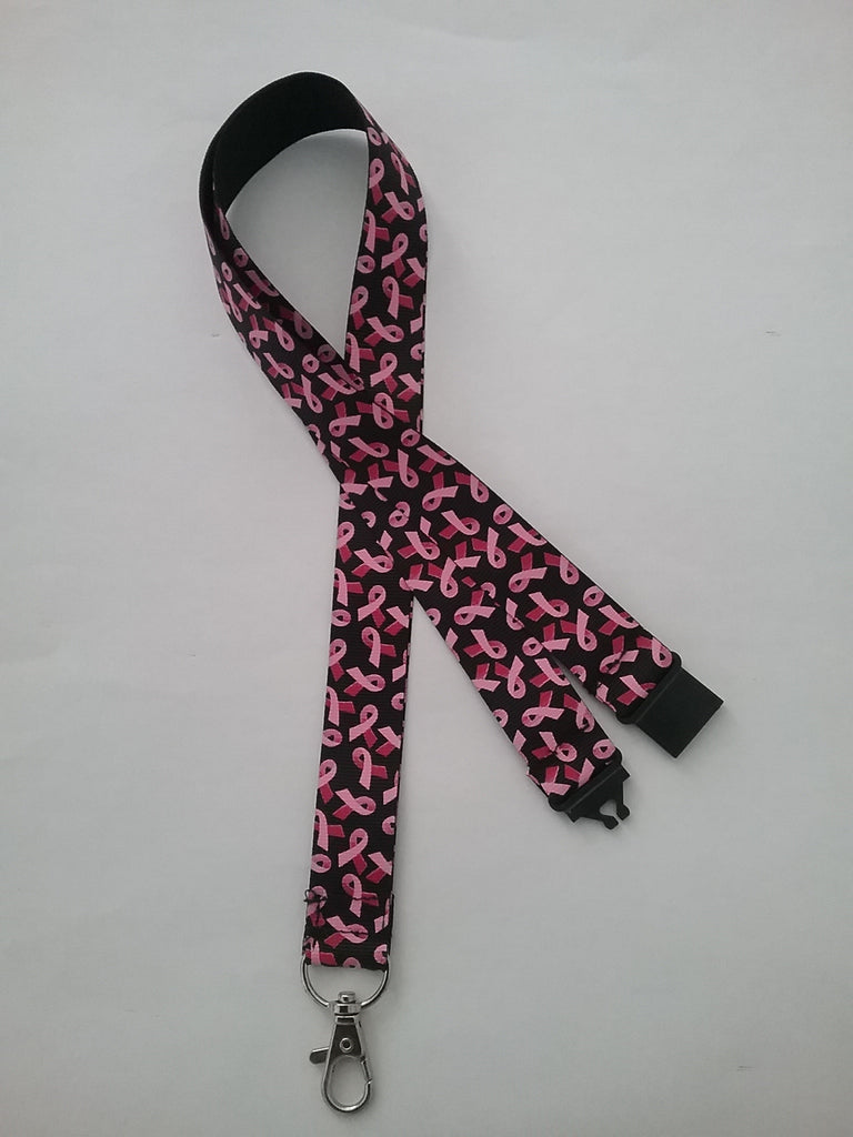 Black with pink ribbons Breast Cancer pattern Lanyard with safety breakaway fastener and swivel lobster clasp lanyard id or whistle holder - Tilly Bees