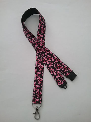 Black with pink ribbons Breast Cancer pattern Lanyard with safety breakaway fastener and swivel lobster clasp lanyard id or whistle holder