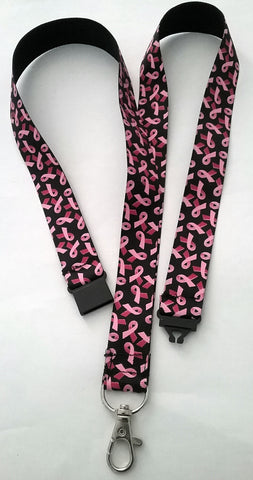 Black with pink ribbons breast cancer ribbon safety breakaway lanyard id or whistle holder