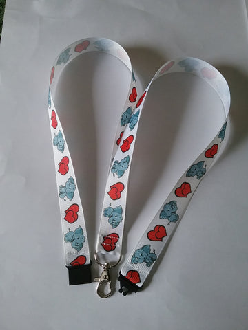 White ribbon with Cute elephants and red hearts made with a safety breakaway lanyard id or whistle holder with swivel lobster clasp