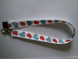 White ribbon with Cute elephants and red hearts made with a safety breakaway lanyard id or whistle holder with swivel lobster clasp - Tilly Bees