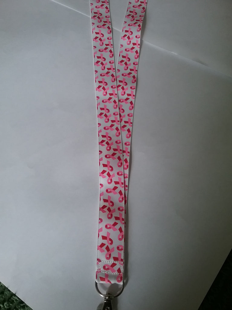 White with pink ribbons breast cancer ribbon safety breakaway lanyard id or whistle holder - Tilly Bees