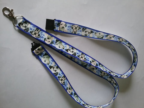 Dalmation Dog patterned ribbon lanyard made with a safety breakaway id or whistle holder with swivel lobster clasp