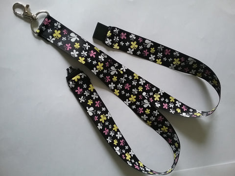 LANYARD black with butterflies ribbon safety breakaway clip & silver colored swivel clasp lanyard id or whistle holder