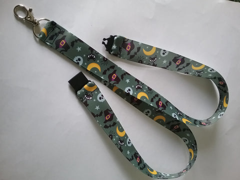Grey halloween themed ribbon safety breakaway lanyard id or whistle holder witch bat