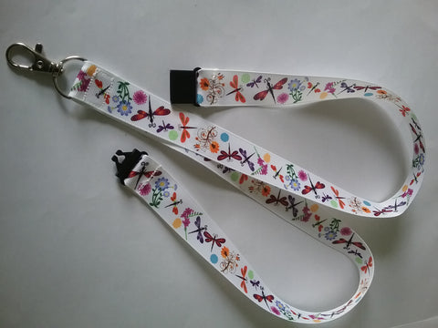 NEW dragonfly patterned ribbon lanyard made with a safety breakaway id or whistle holder with swivel lobster clasp