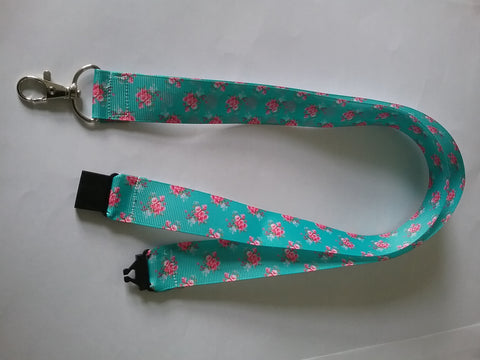 LANYARD - Pink roses on a turquoise green ribbon landyard with safety breakaway lanyard id or whistle holder neck strap