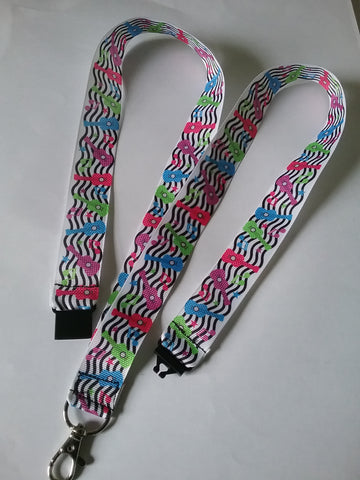 Music theme Lanyard guitar patterned ribbon lanyard made with a safety breakaway id or whistle holder with swivel lobster clasp