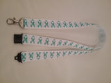 Cervical cancer jade ribbons on a white ribbon lanyard made with a safety quick release breakaway id or whistle holder with swivel lobster clasp - Tilly Bees