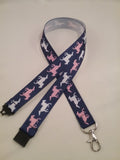 Navy ribbon with pink & white horses lanyard made with a safety quick release breakaway id or whistle holder with swivel lobster clasp - Tilly Bees