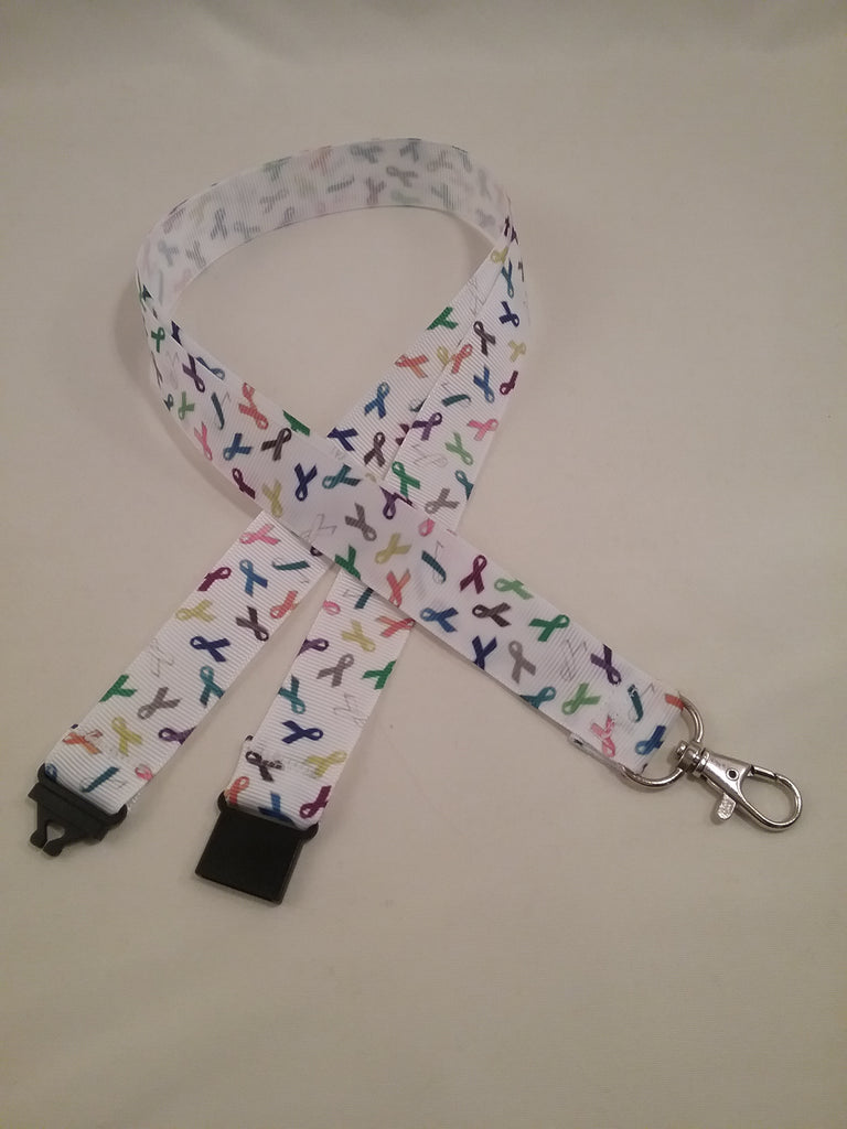 Cancer support Multi coloured ribbons on white ribbon lanyard made with a safety quick release breakaway id or whistle holder with swivel lobster clasp - Tilly Bees