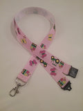 Tractor & trailer on Pink ribbon lanyard made with a safety quick release breakaway id or whistle holder with swivel lobster clasp - Tilly Bees