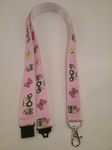 Tractor & trailer on Pink ribbon lanyard made with a safety quick release breakaway id or whistle holder with swivel lobster clasp